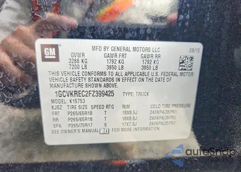 2015 Chevrolet Silverado K1500 Lt из США, поврежденный, VIN 1GCVKREC2FZ399425